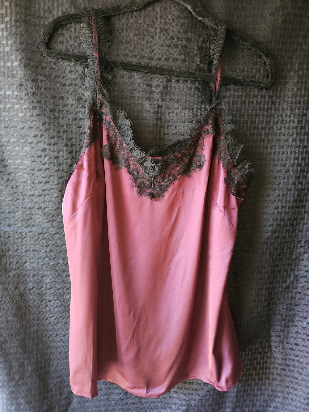 White House Black Market Burgundy Satin Cami with Black Lace Trim